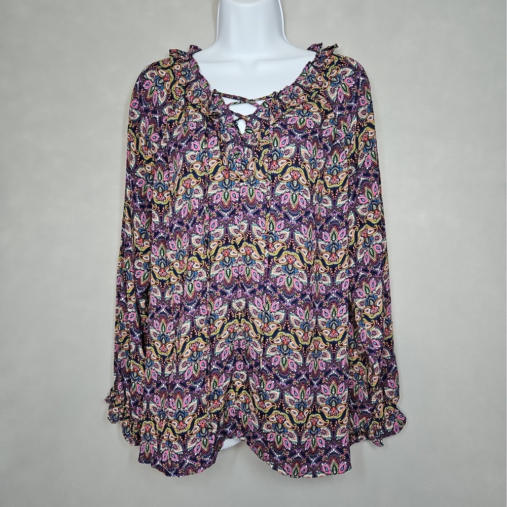 Counterparts Womens Multicolor Paisley V Neck Long Sleeve Blouse Size XL